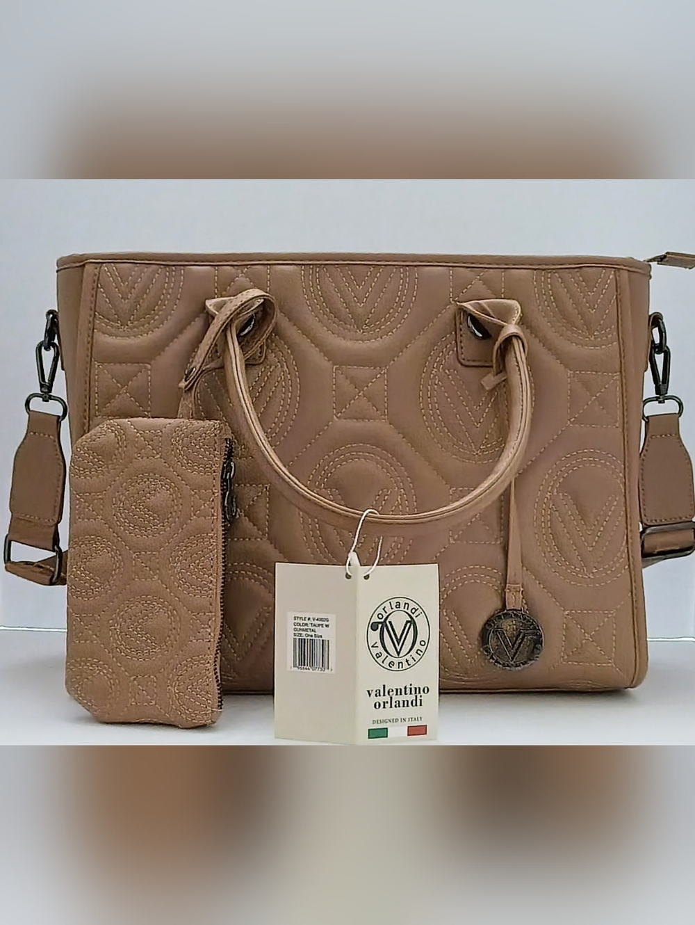 Valentino Orlandi Luxury Quilted Taupe XL Tote Bag Gunmetal w/ Pouch NWT